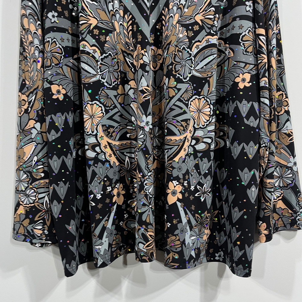 Bob Mackie Black Floral V-Neck Long Sleeve Blouse with Gray and Tan Accents. - Picture 2 of 11